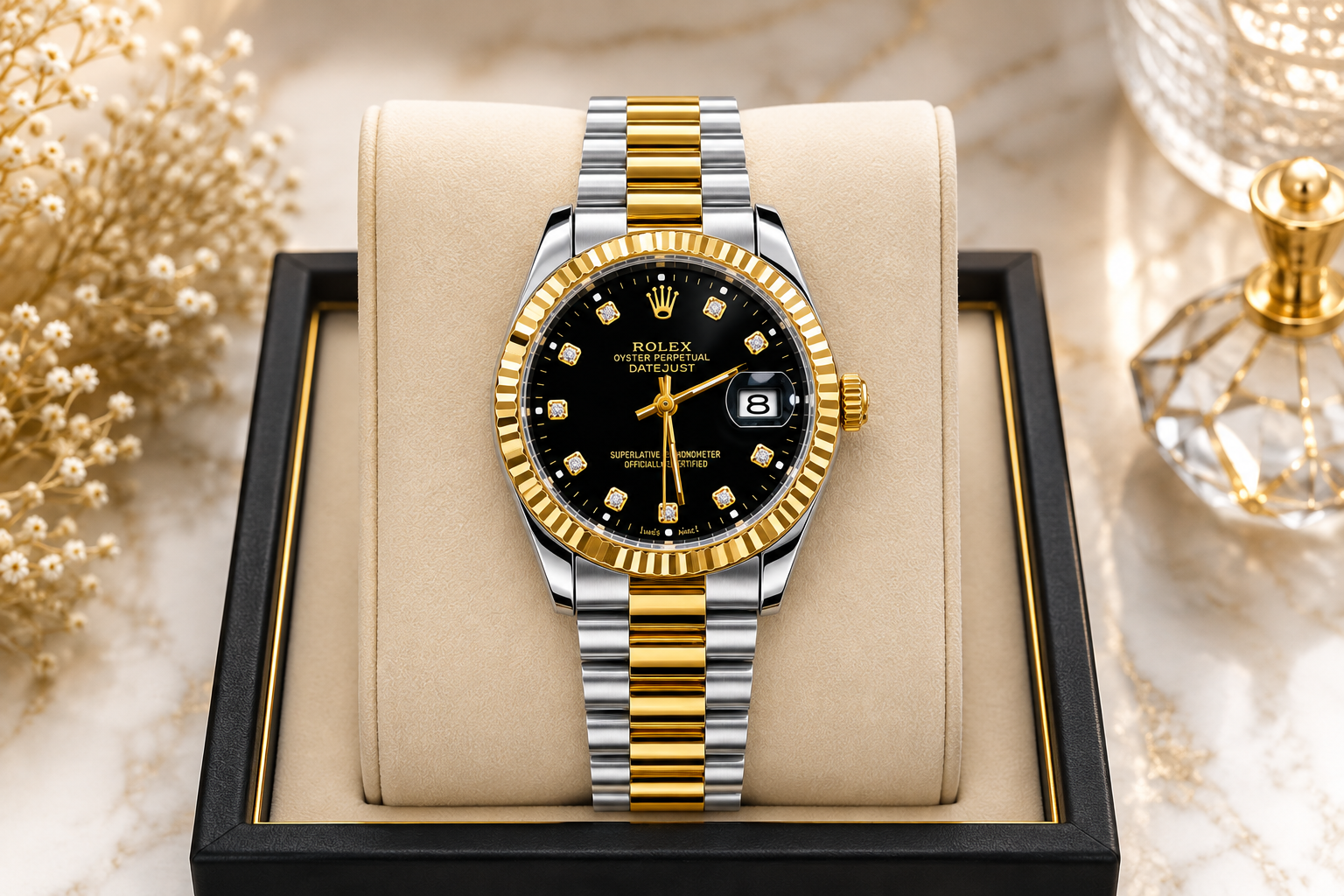 Luxury Two-Tone Black Dial Diamond Watch